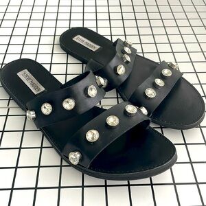 Steve Madden Jessy Black Leather Rhinestone Slide Sandals